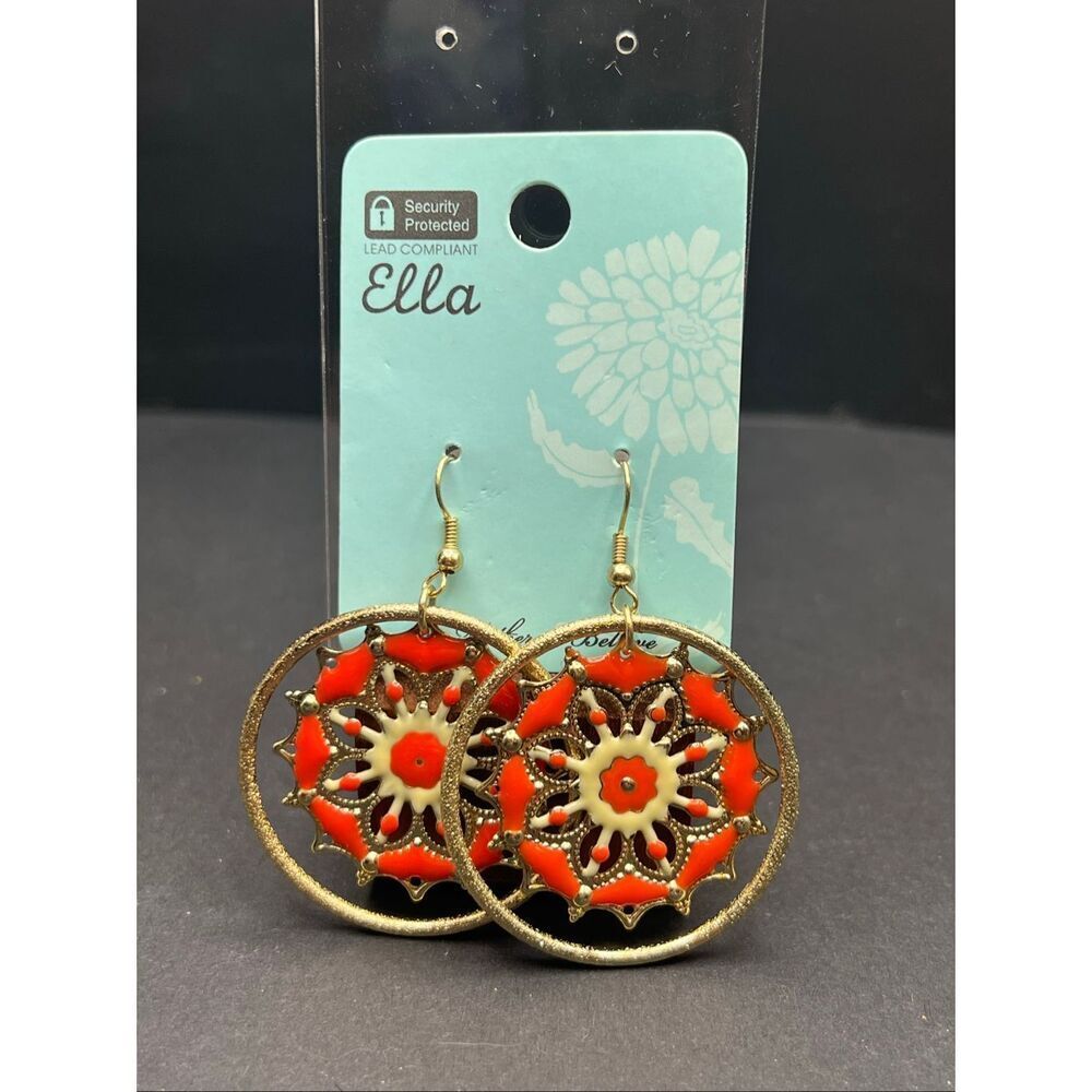 New! Ella Coral Orange Cream Gold Tone Mandala Textured Hoop Dangle Earrings